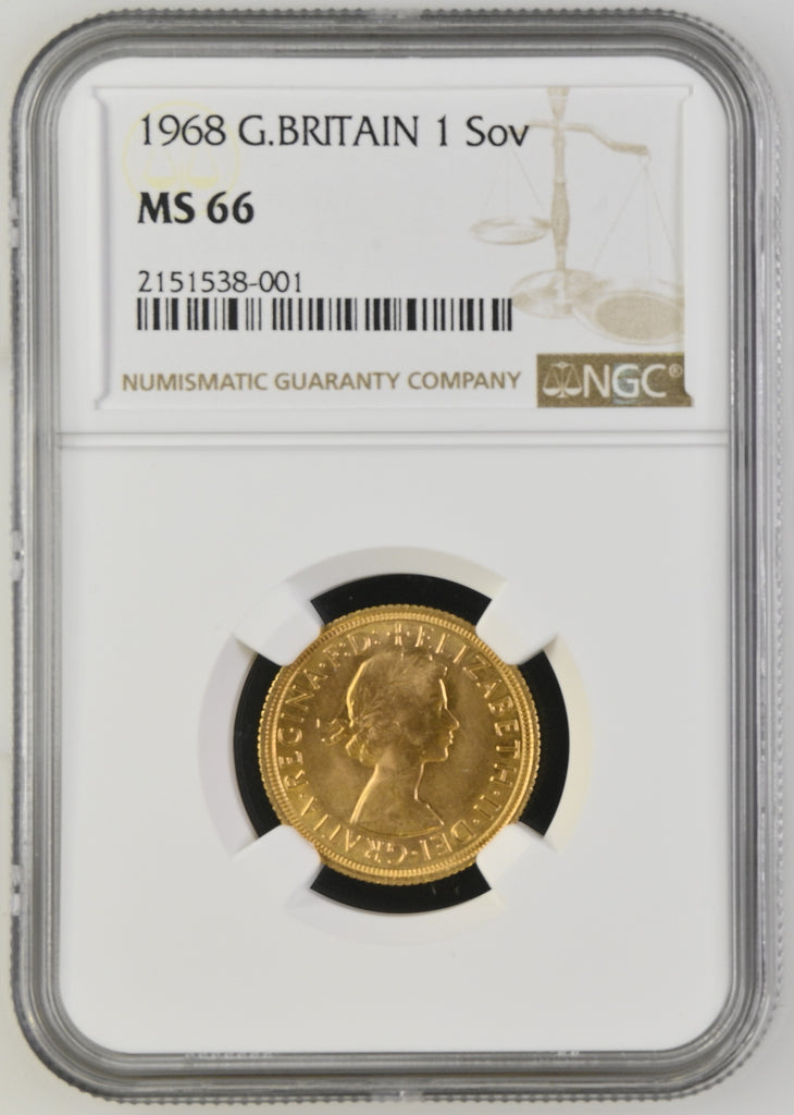1968年 イギリス エリザベス2世 1st ポートレート ソヴリン金貨 NGC MS66