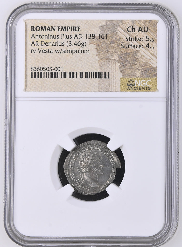西暦138-161年 古代ローマ帝国 アントニヌス・ピウス デナリウス銀貨 Ch AU Strike 5/5 Surface 4/5
