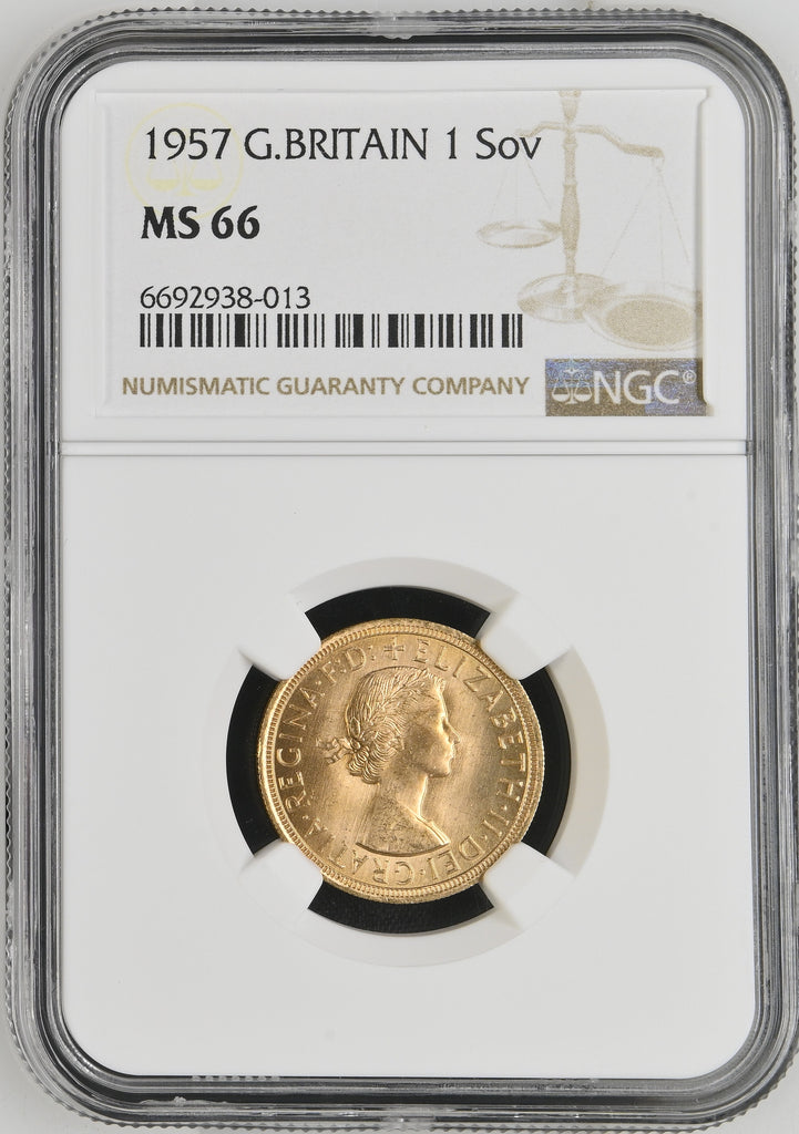 【Top Pop】1957年 イギリス エリザベス2世  1st ポートレート ソヴリン金貨 NGC MS66