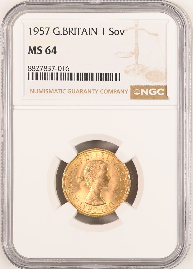 1957年 イギリス エリザベス2世 1stポートレート ギリックソヴリン金貨 NGC MS64