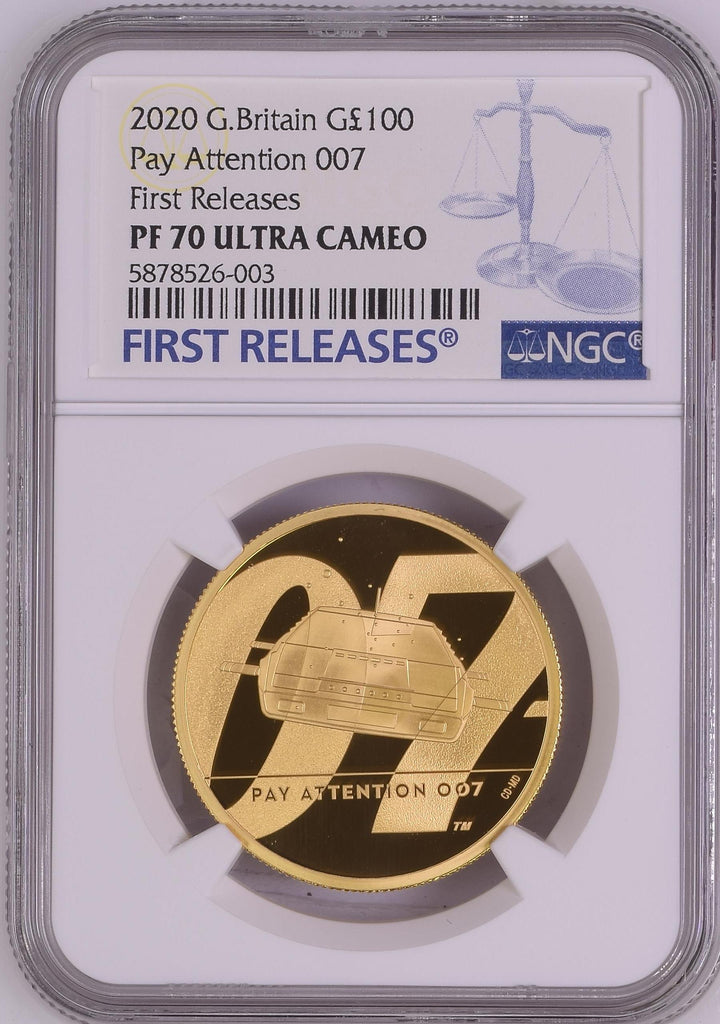2020年 イギリス 007 Pay Attention 1オンス 100ポンド金貨 NGC PF70UCAM First Releases 箱付き