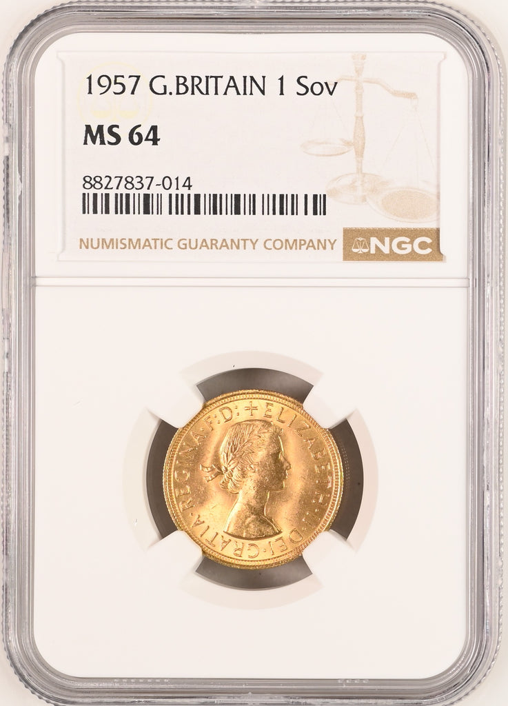 1957年 イギリス エリザベス2世 1stポートレート ギリックソヴリン金貨 NGC MS64