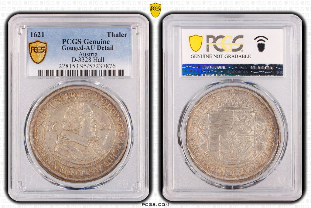 1621年 オーストリア レオポルト大公 ターラー銀貨 PCGS Genuine Gouged-AU Detail Dav-3328 Hallミント
