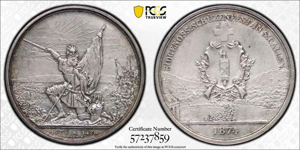 1874年 スイス ザンクト・ガレン 射撃祭 5フラン銀貨 PCGS Genuine Cleaned-UNC Detail