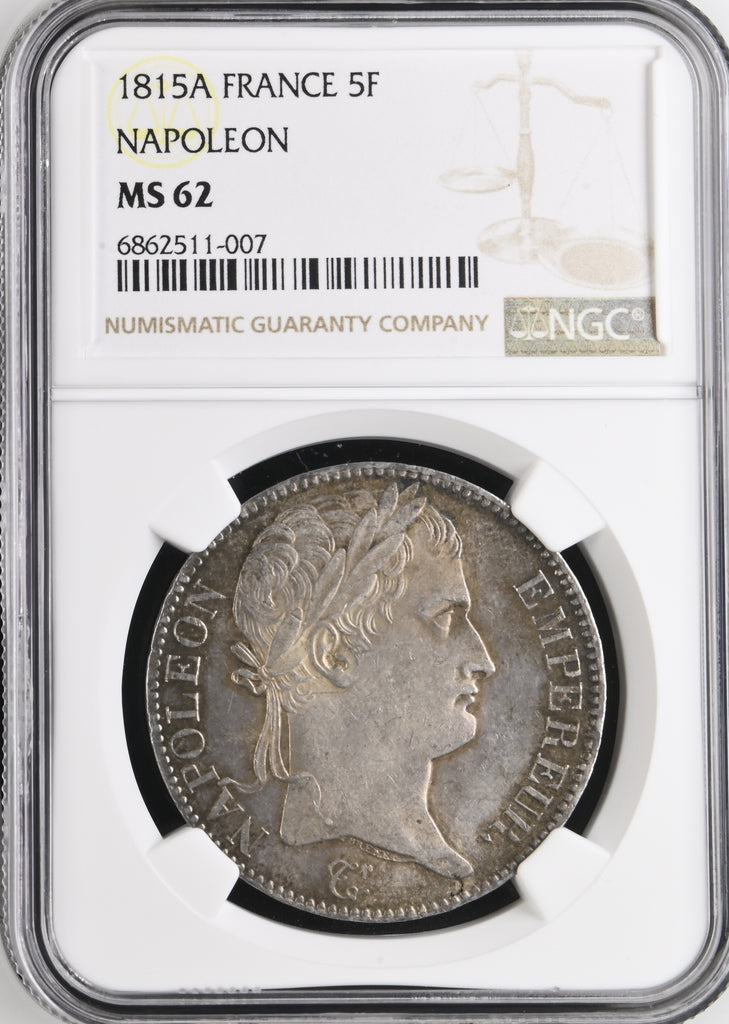 1815年A フランス ナポレオン1世 百日天下 5フラン銀貨 NGC MS62