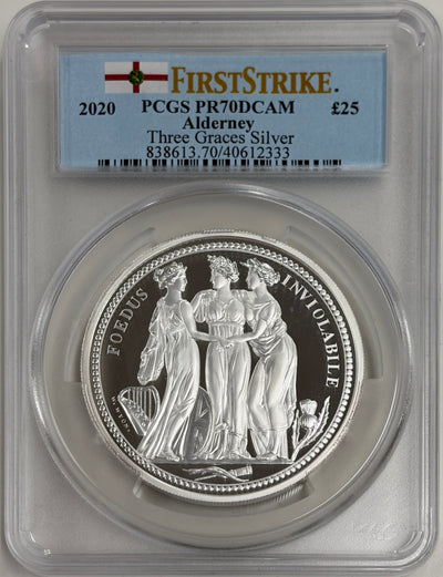 値下げ、銀貨コレクション 2020年 オルダニー スリー・グレイセス 5oz 25ポンド銀貨 PCGS PR70