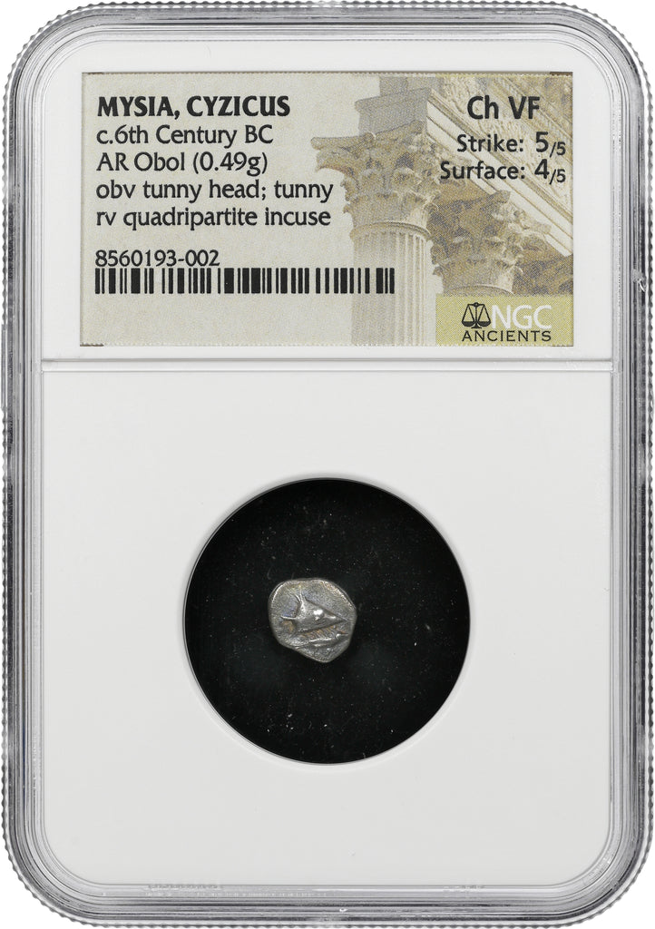 紀元前6世紀ごろ 古代ギリシア ミュシア キュジコス オボル銀貨 NGC Ch VF 5/5 - 4/5