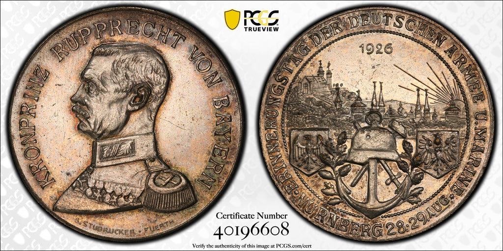 1926年 ドイツ ニュルンベルク ループレヒト王太子 陸海軍記念日 銀メッキ銅メダル PCGS SP58