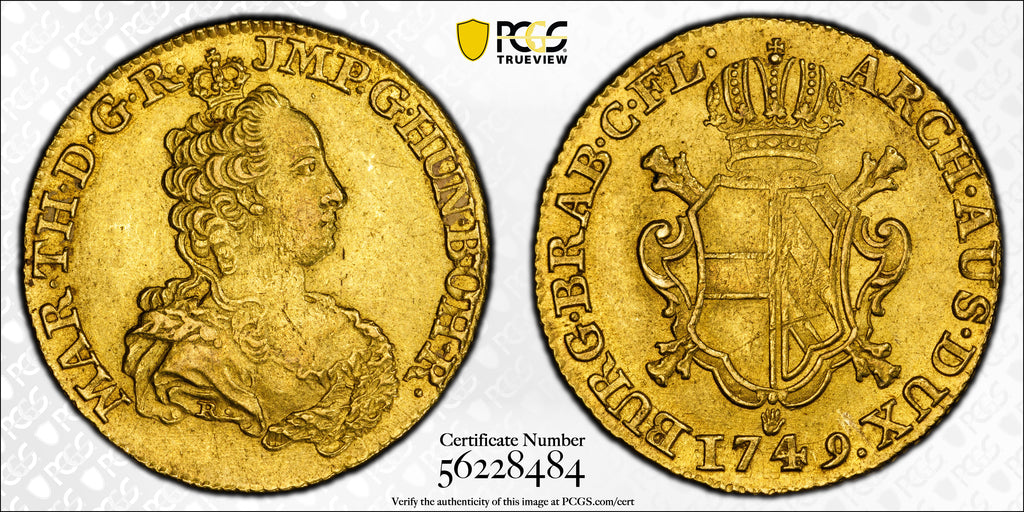 1749年 オーストリア領ネーデルラント マリア・テレジア 2ソブリンドール金貨 PCGS MS62