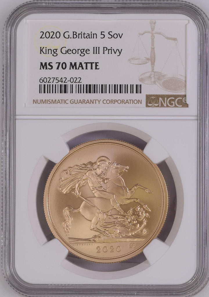 2020年 イギリス エリザベス2世 ジョージ3世Privyマーク 5ソヴリン金貨 NGC MS70 MATTE