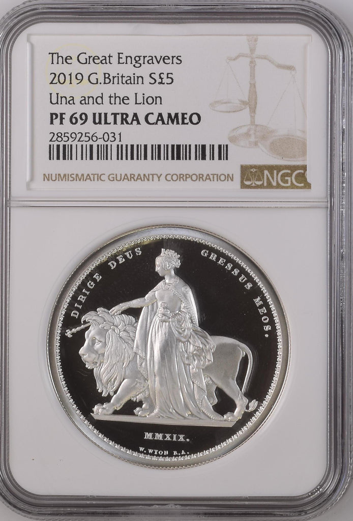 2019年 イギリス ウナとライオン 2オンス 5ポンド銀貨 PF69UCAM 箱付