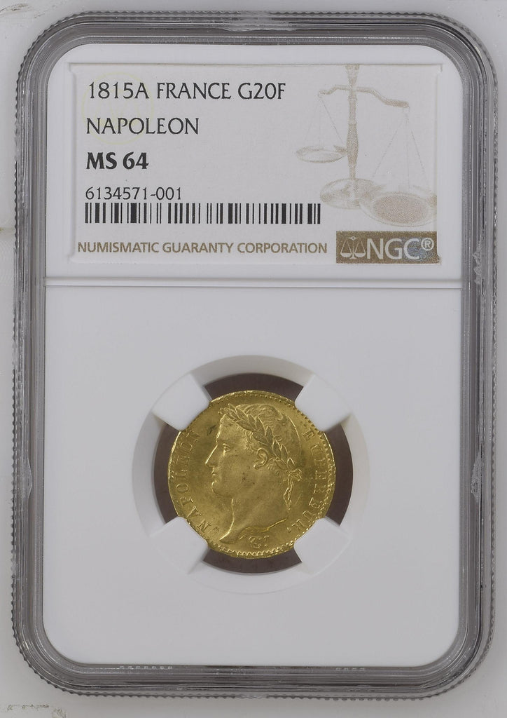 1815年A フランス ナポレオン1世 百日天下 20フラン金貨 有冠 NGC MS64