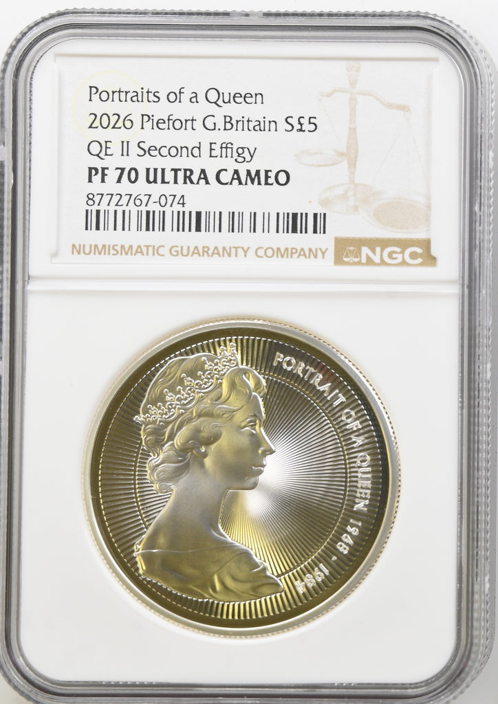 2026年 イギリス エリザベス2世ポートレート 第2肖像 ピエフォー 5ポンド銀貨 NGC PF70UCAM 箱付き