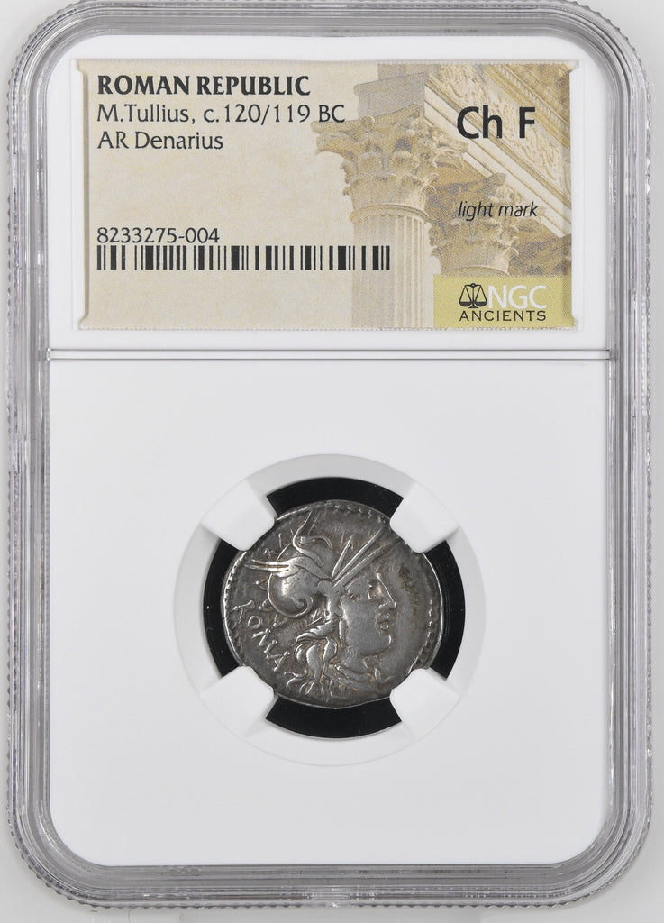 紀元前120/119年頃  古代ローマ共和国 M.トゥッリウス デナリウス銀貨 NGC Ch F light mark