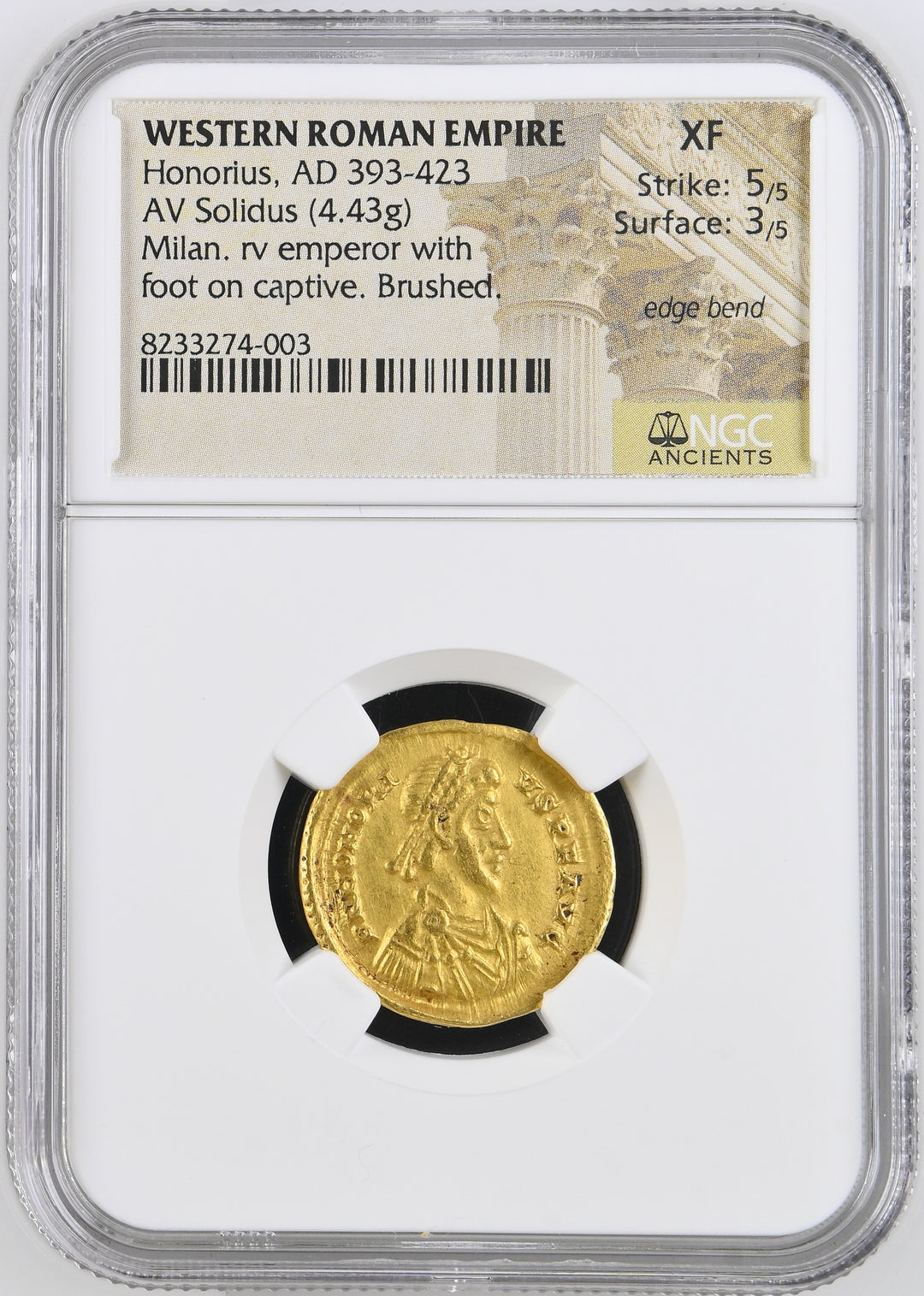 393-423年 ローマ帝国 ホノリウス ソリドゥス金貨 NGC XF 5/5- 3/5
