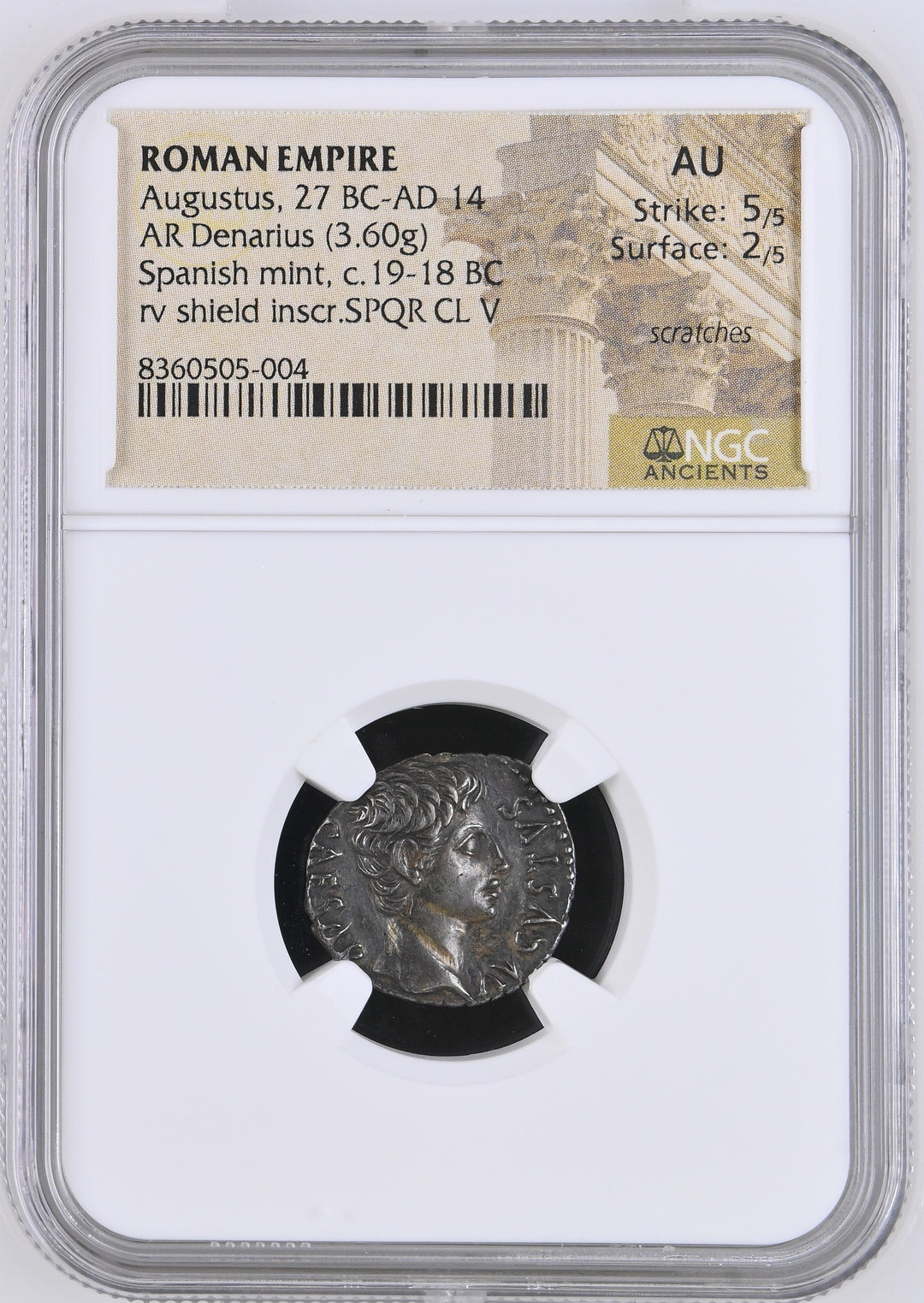 紀元前27-紀元後14年 ローマ帝国 アウグストゥス デナリウス銀貨 AU
