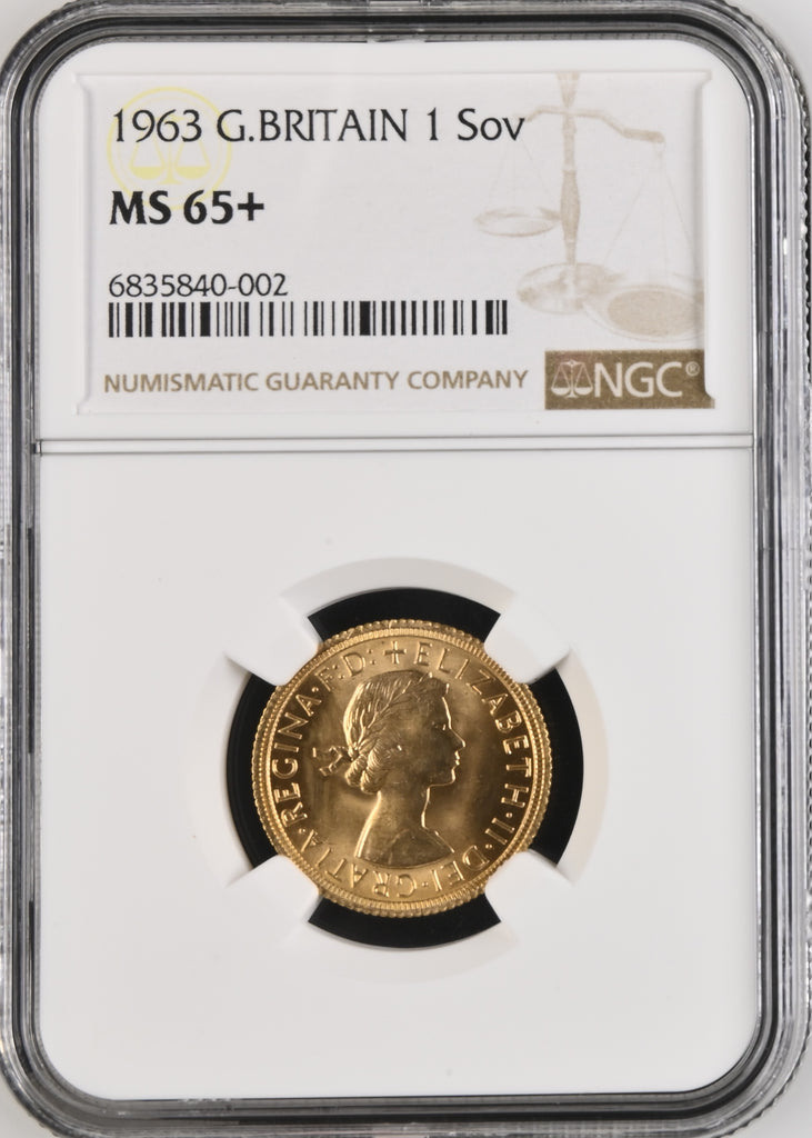 1963年 イギリス エリザベス2世 1st ポートレート ソヴリン金貨  NGC MS65+