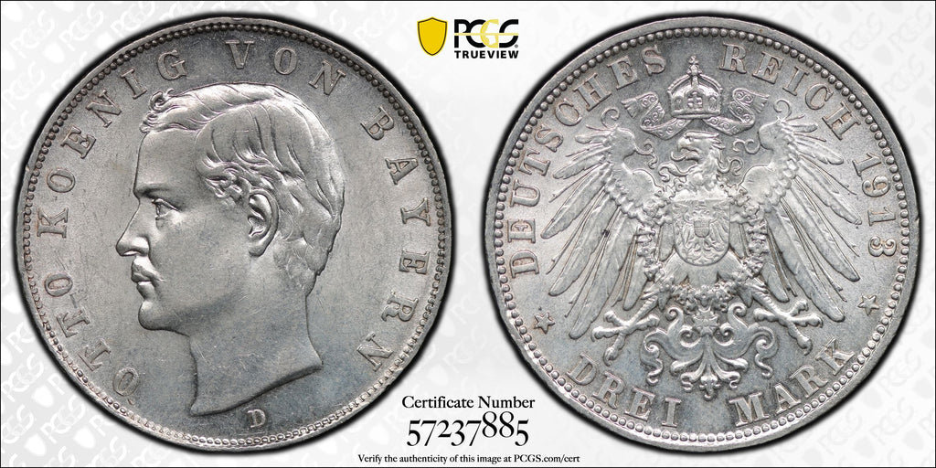 1913年 ドイツ帝国 バイエルン王国 オットー1世 3マルク銀貨  PCGS MS63