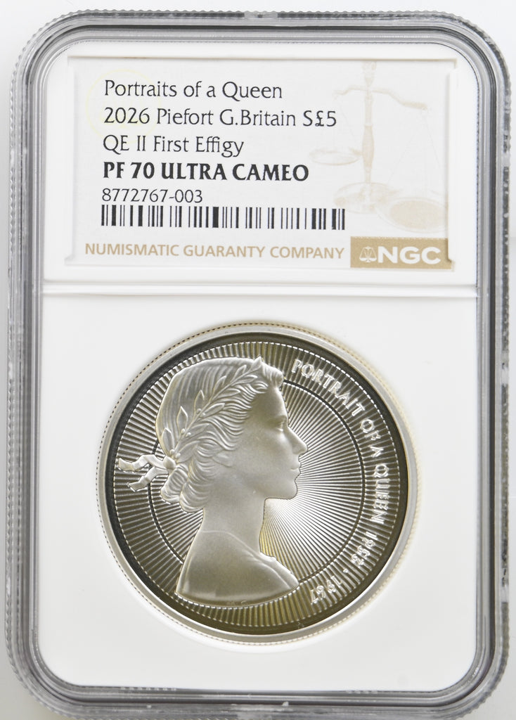 2026年 イギリス エリザベス2世ポートレート 第1肖像 ピエフォー 5ポンド銀貨 NGC PF70UCAM 箱付き