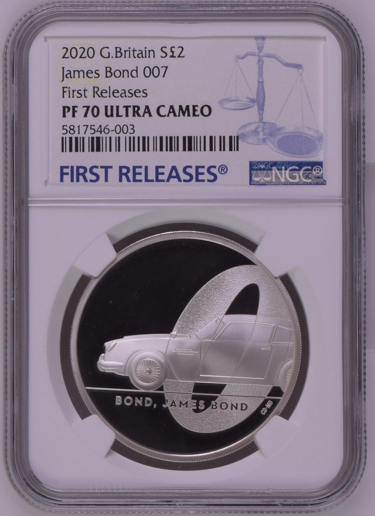 2020年 イギリス 007 Bond, James Bond 1オンス 2ポンド銀貨 NGC PF70UCAM First Releases 箱付き