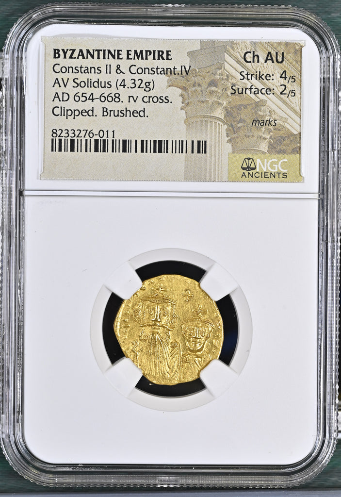 654-668年 ビザンチン帝国 コンスタンス2世とコンスタンティヌス4世 ソリドゥス金貨 NGC Ch AU 4/5 2/5 marks