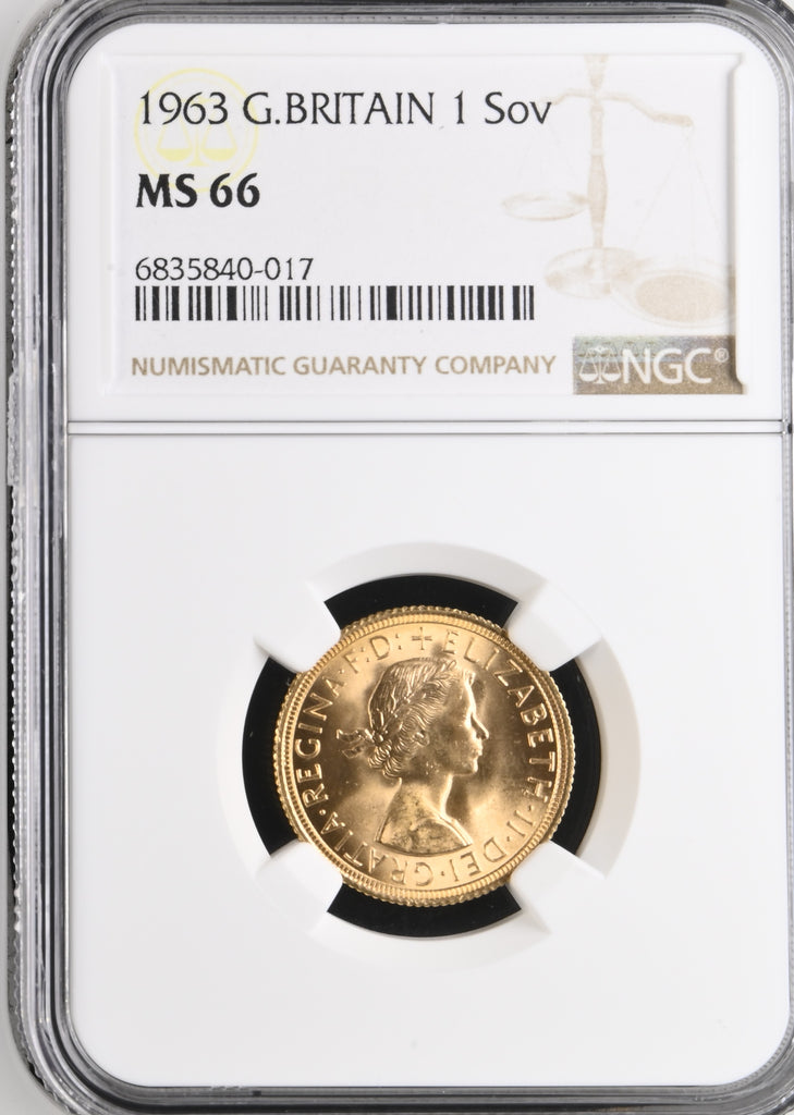 1963年 イギリス エリザベス2世 1st ポートレート ソヴリン金貨  NGC MS66