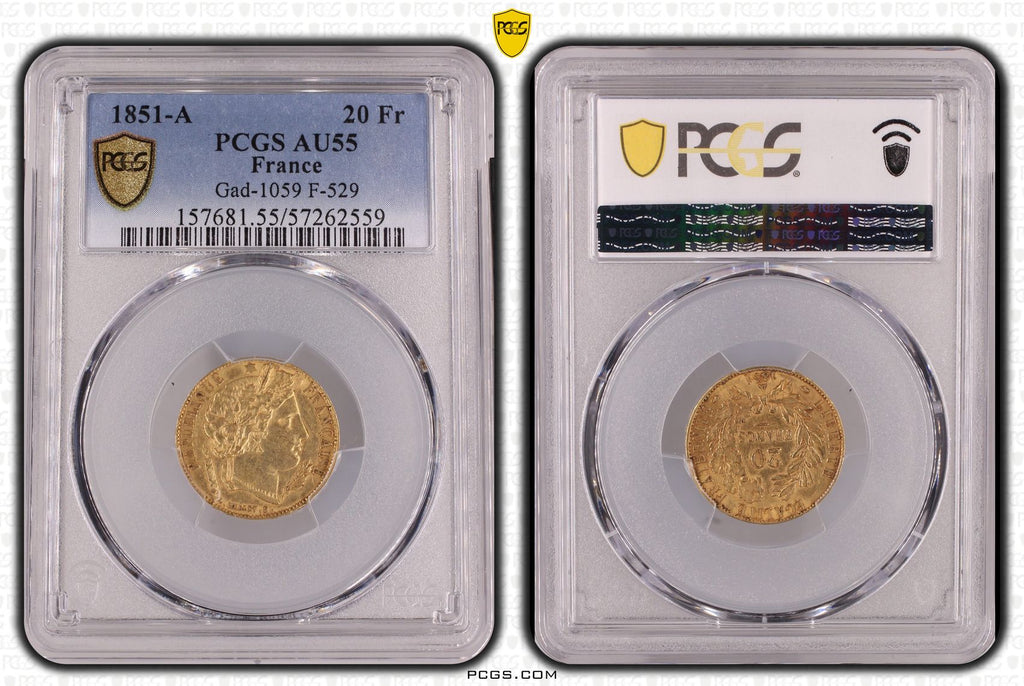 1851年A フランス セレス 20フラン金貨 パリミント PCGS AU55