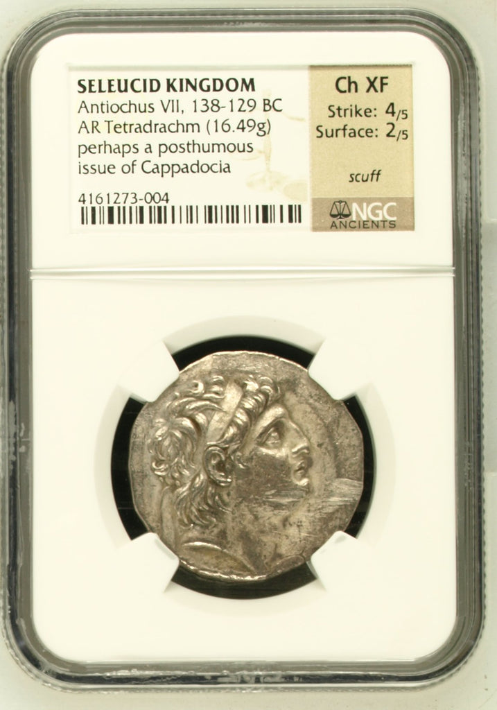 紀元前138-129年 セレウコス朝 アンティオコス7世 テトラドラクマ銀貨 Ch XF Strike: 4/5 Surface: 2/5 scuff