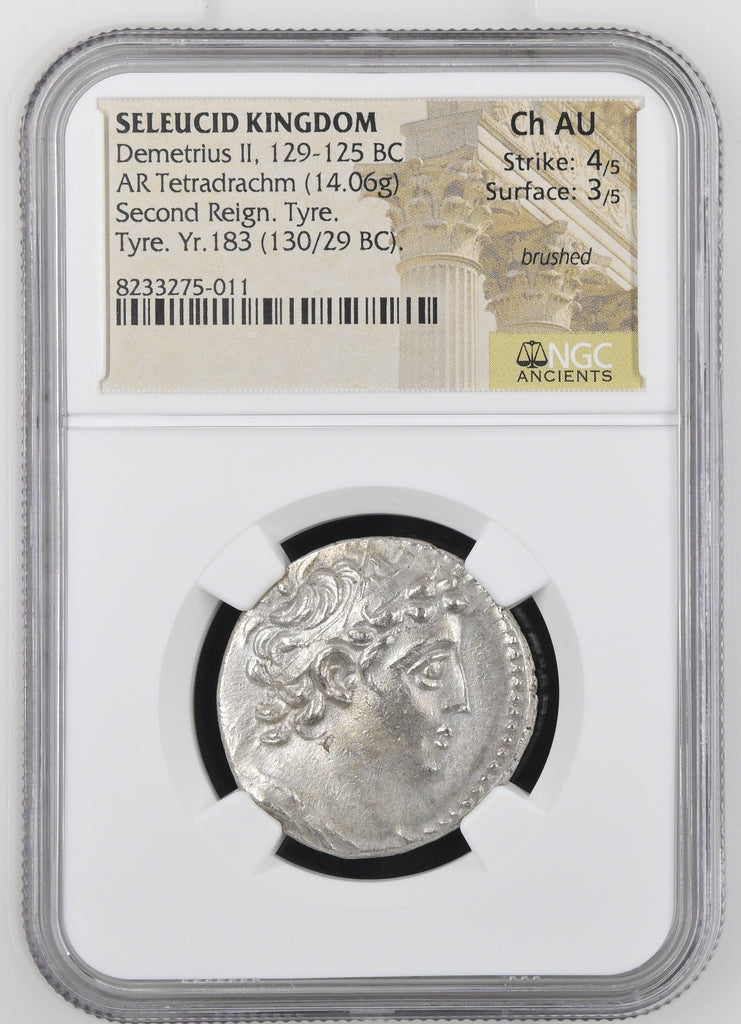 紀元前2世紀 古代 セレコウス朝 デメトリオス2世ニカトル  テトラドラクマ銀貨 NGC Ch AU 4/5 3/5 brushed