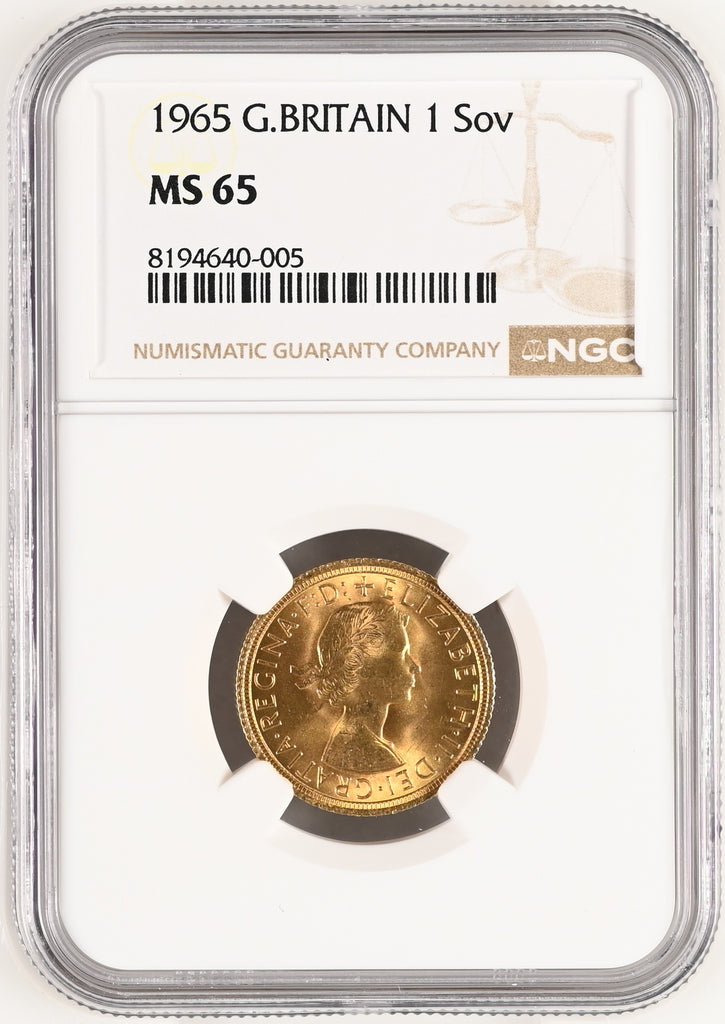 1965年 イギリス エリザベス2世 1stポートレート ギリックソヴリン金貨 NGC MS65