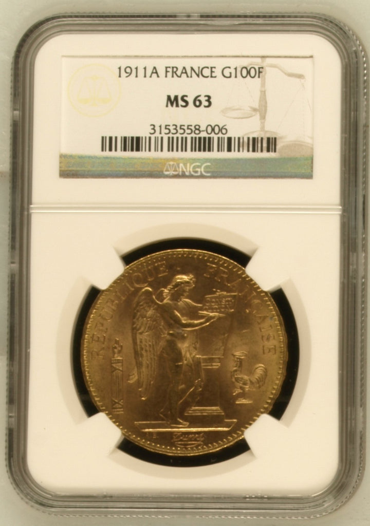 1911年A フランス 100フラン エンジェル金貨 NGC MS63