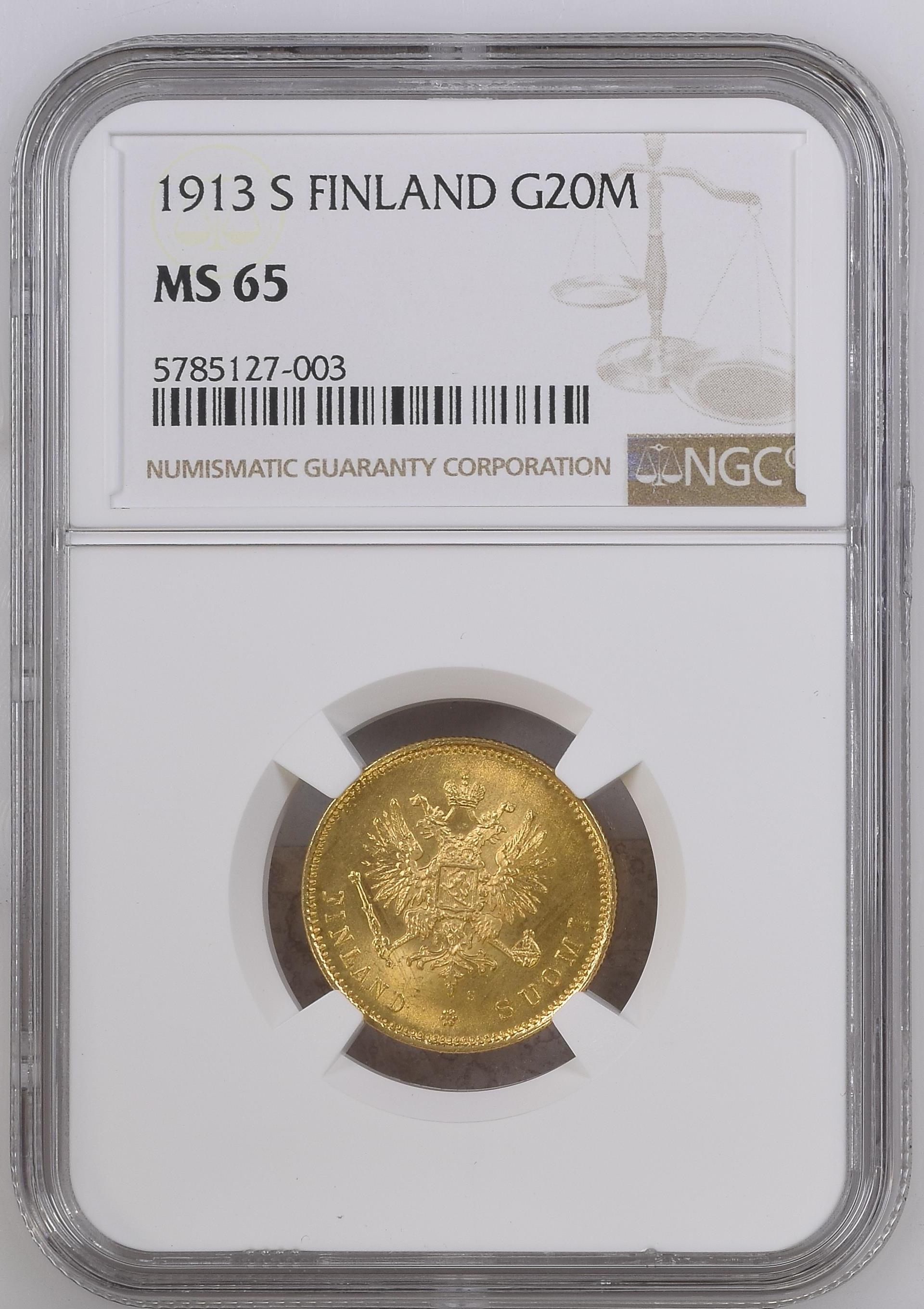 1913年 フィンランド 20マルッカ金貨 MS65 | 港区虎ノ門のアンティーク