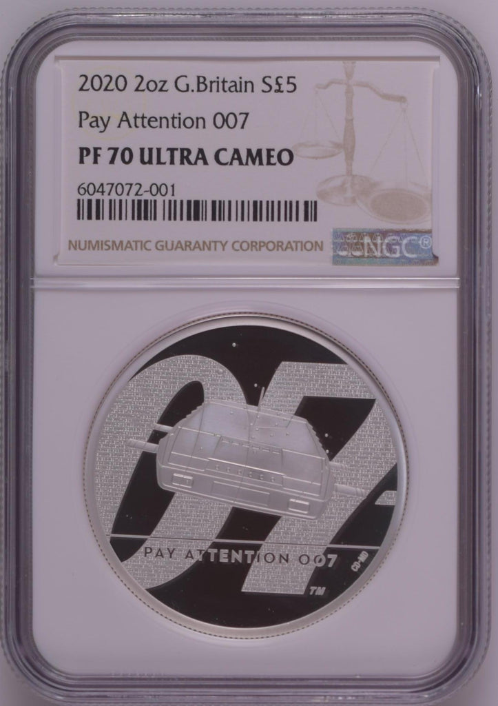 2020年 イギリス 007 Pay Attention 2オンス 5ポンド銀貨 NGC PF70UCAM 箱付き