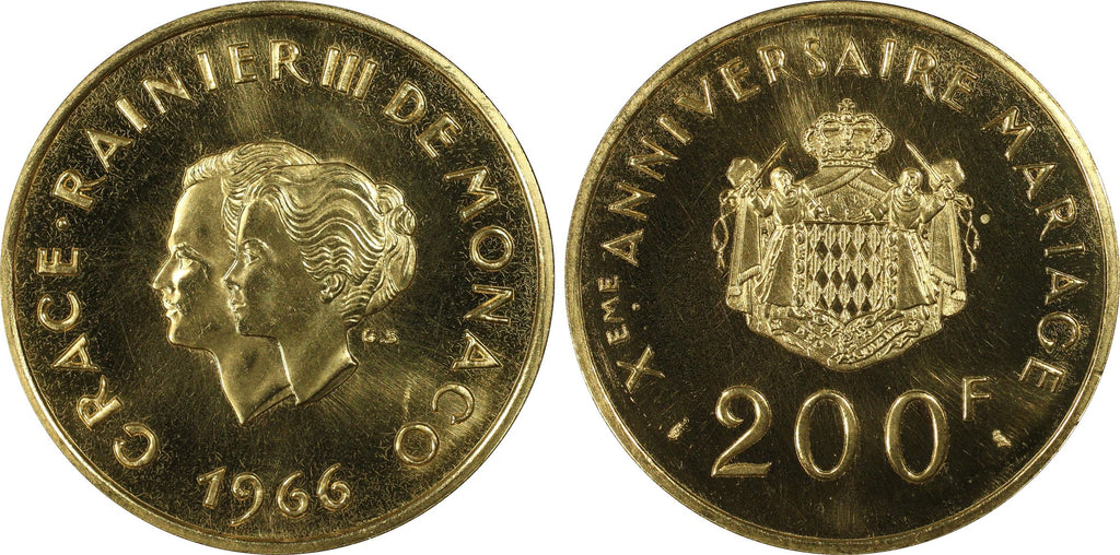 1966年 モナコ レーニエ3世・グレース王妃ご成婚10周年記念 200フラン金貨 PCGS PR65