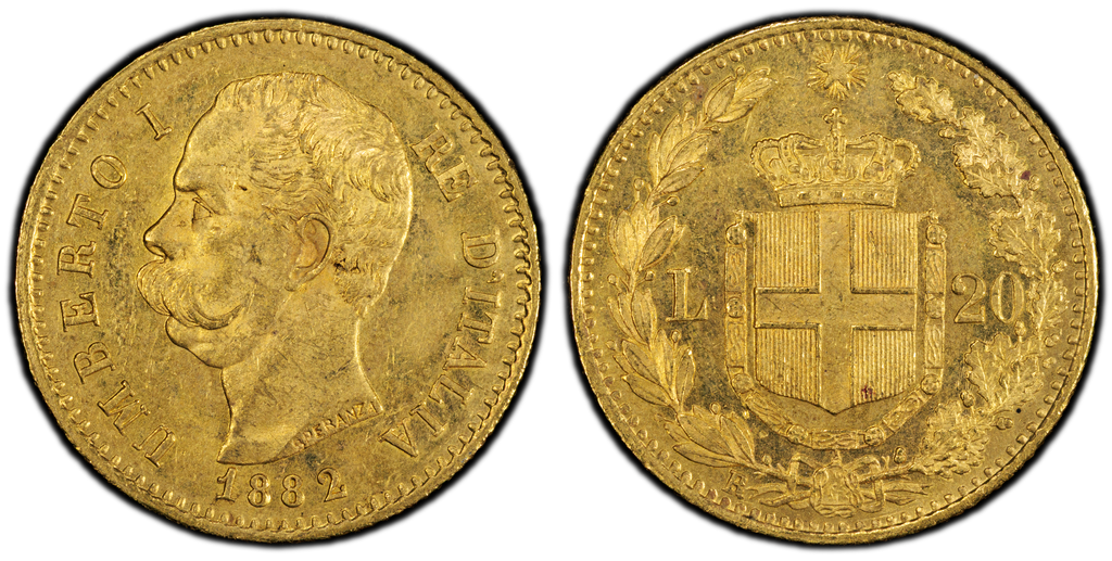 1882年 イタリア ウンベルト1世 20リレ金貨 MS63