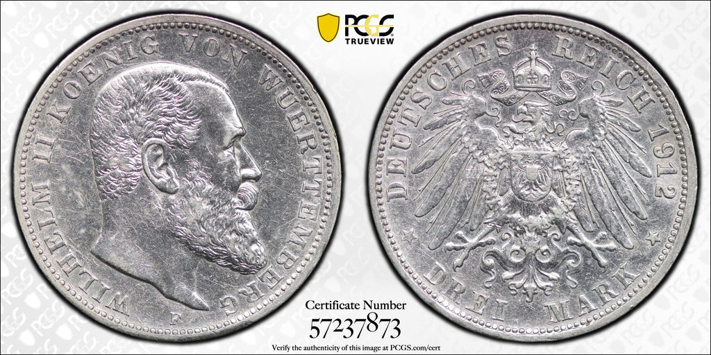 1912年-F ドイツ帝国 ヴュルテンベルク ヴィルヘルム2世 3マルク銀貨 PCGS Genuine Scratch-AU Detail