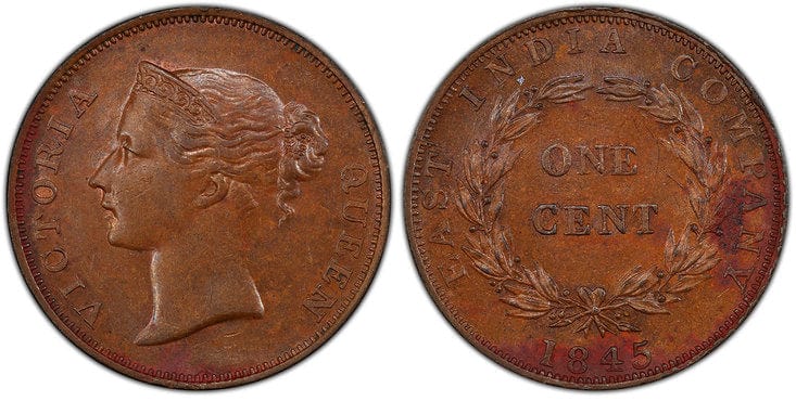 kosuke_dev イギリス 海峡植民地 ヴィクトリア女王 1セント銅貨 1845年 PCGS MS62BN
