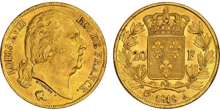 フランス ルイ18世 20フラン 金貨 1818年 NGC MS64