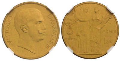 イタリア ヴィットリオ・エマヌエーレ3世 20リラ金貨 1903年 PR67 Matte
