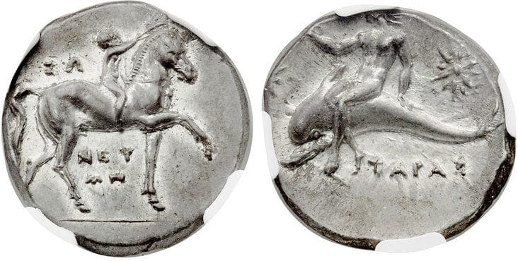 古代ギリシャ カラブリア タラス ディドラクマ 銀貨 紀元前281-240年 NGC Ch. AU | アンティークコインギャラリア