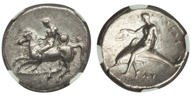 古代ギリシャ カラブリア タラス ディドラクマ 銀貨 紀元前280-272年 NGC Ch. XF☆ | アンティークコインギャラリア 硬貨