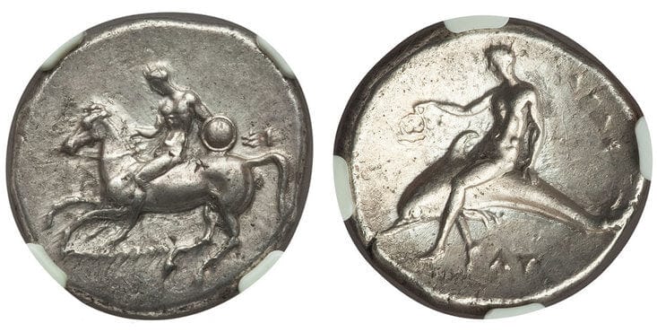 kosuke_dev 古代ギリシャ カラブリア タラス ディドラクマ 銀貨 紀元前280-272年 NGC Ch. XF★