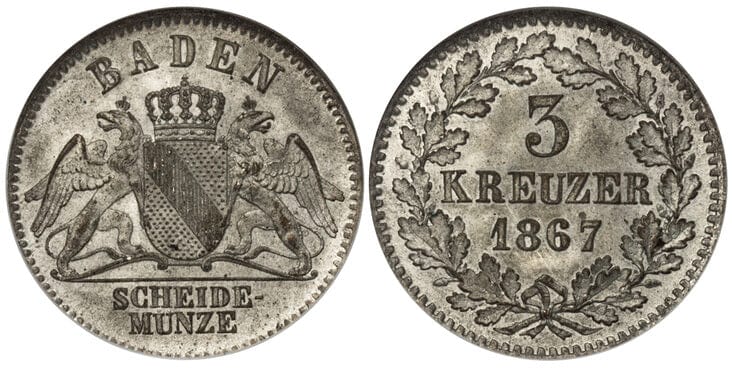 ドイツ バーデン フリードリヒ1世 1867年 3クロイツァー銀貨 NGC MS66 ...
