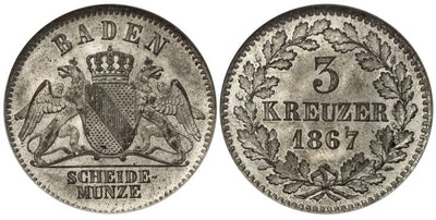 アンティークコインギャラリア ドイツ バーデン フリードリヒ1世 1867年 3クロイツァー銀貨 NGC MS66
