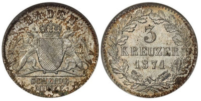 ドイツ バーデン フリードリヒ世 1871年 3クロイツァー銀貨 ANACS MS65