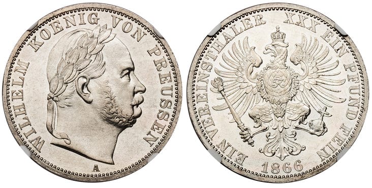 kosuke_dev ドイツ プロイセン ヴィルヘルム1世 ターレル銀貨 1866-A年 NGC PR63