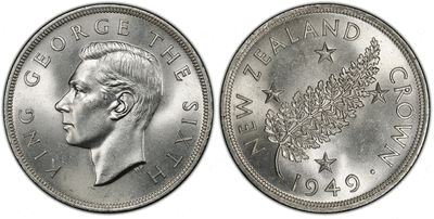 ニュージーランド ジョージ6世 クラウン銀貨 1949年 PCGS MS65
