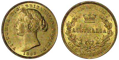 オーストラリア ヴィクトリア女王 ソブリン金貨 1863年 NGC MS60