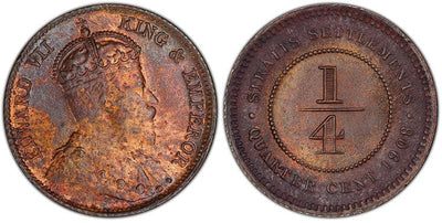 kosuke_dev イギリス 海峡植民地 エドワード7世 1/4セント銅貨 1908年 PCGS MS63RB