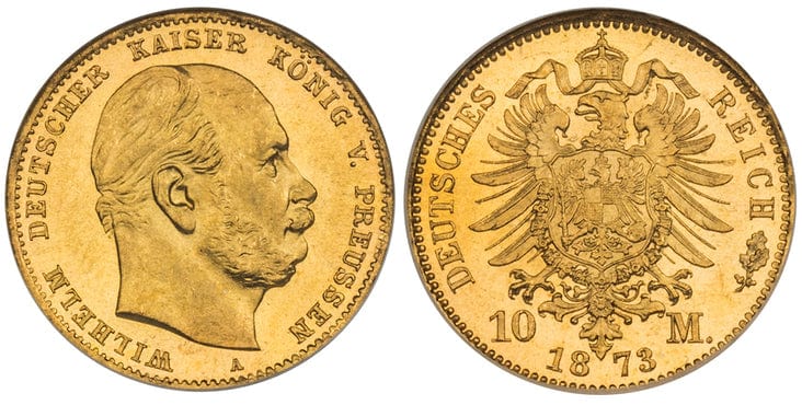 ドイツ プロイセン ヴィルヘルム1世 10マルク金貨 1873-A年 NGC MS65